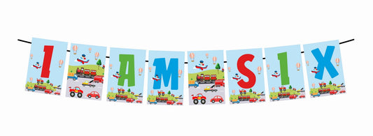 Transport Theme I Am Six 6th Birthday Banner for Photo Shoot Backdrop and Theme Party