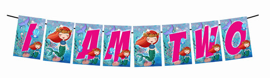 Mermaid Theme I Am Two 2nd Birthday Banner for Photo Shoot Backdrop and Theme Party