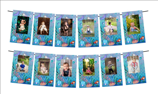 Mermaid Theme Birthday Photo Banner - Monthly Yearly Milestone Birthday Random Photo Banner Bunting for Newborn to Kids, Picture Banner for Birthday and Theme Party (12 Buntings)