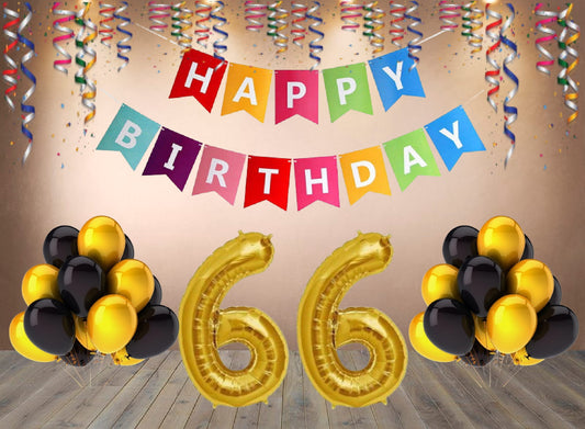 Number 66 Gold Foil Balloon and 25 Nos Black and Gold Color Latex Balloon and Happy Birthday Banner Combo