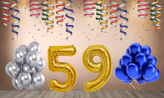 Number 59 Gold Foil Balloon and 25 Nos Blue and Silver Color Latex Balloon Combo