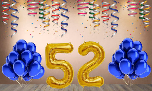 Number 52  Gold Foil Balloon and 25 Nos Blue Color Latex Balloon Combo