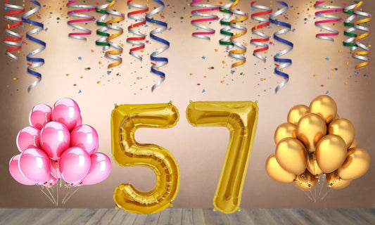 Number 57 Gold Foil Balloon and 25 Nos Pink and Gold Color Latex Balloon Combo