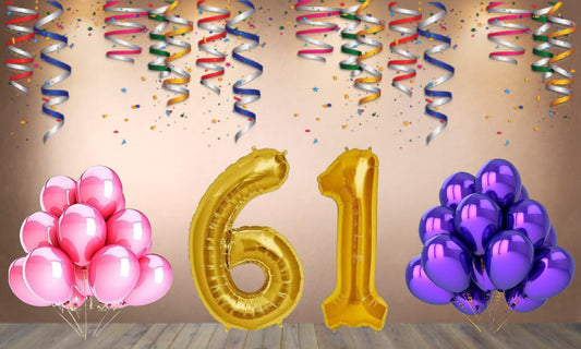 Number 61 Gold Foil Balloon and 25 Nos Pink and Purple Color Latex Balloon Combo
