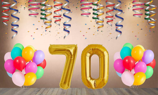 Number 70  Gold Foil Balloon and 25 Nos Multicolor Color Latex Balloon Combo