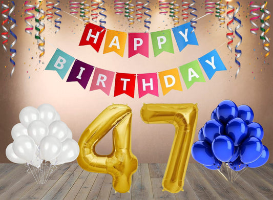 Number 47  Gold Foil Balloon and 25 Nos Blue and White Color Latex Balloon and Happy Birthday Banner Combo