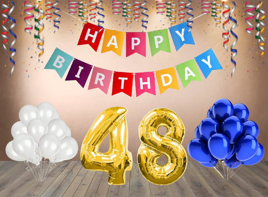 Number  48 Gold Foil Balloon and 25 Nos Blue and White Color Latex Balloon and Happy Birthday Banner Combo