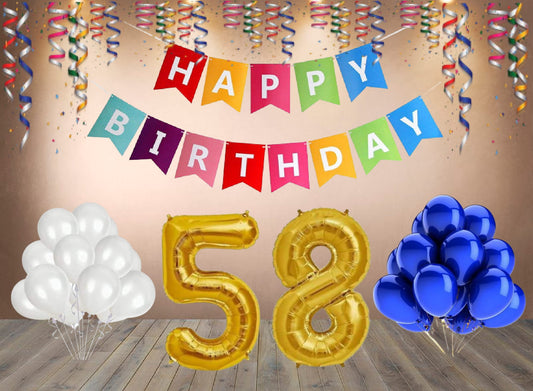 Number  58 Gold Foil Balloon and 25 Nos Blue and White Color Latex Balloon and Happy Birthday Banner Combo