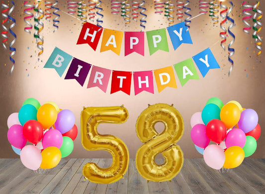Number  58  Gold Foil Balloon and 25 Nos Multicolor Color Latex Balloon and Happy Birthday Banner Combo