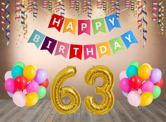 Number  63  Gold Foil Balloon and 25 Nos Multicolor Color Latex Balloon and Happy Birthday Banner Combo