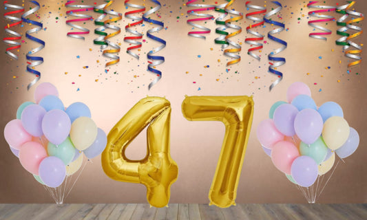 Number 47  Gold Foil Balloon and 25 Nos Pastel Color Latex Balloon Combo