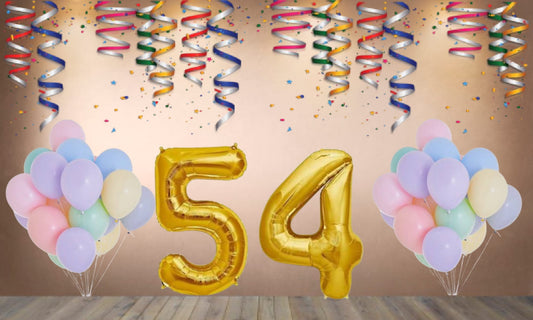 Number 54  Gold Foil Balloon and 25 Nos Pastel Color Latex Balloon Combo