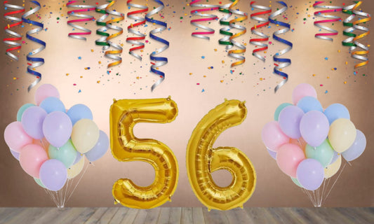 Number 56  Gold Foil Balloon and 25 Nos Pastel Color Latex Balloon Combo