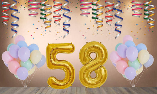 Number 58  Gold Foil Balloon and 25 Nos Pastel Color Latex Balloon Combo