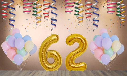 Number 62  Gold Foil Balloon and 25 Nos Pastel Color Latex Balloon Combo