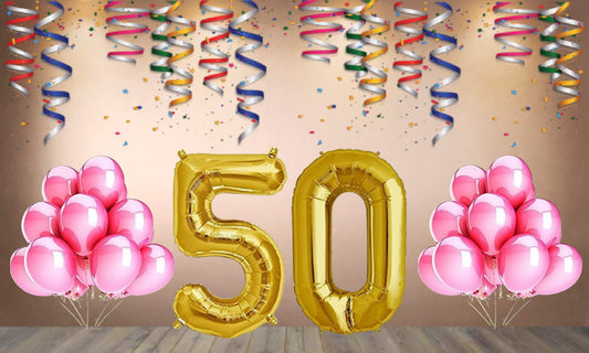 Number 50 Gold Foil Balloon and 25 Nos Pink Color Latex Balloon Combo