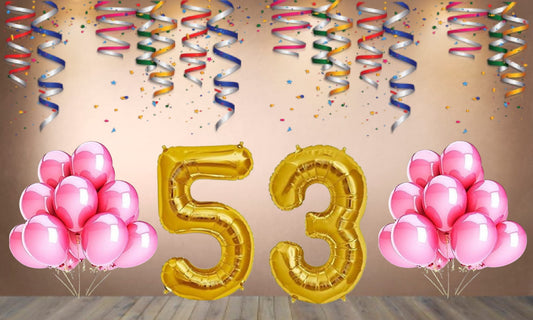 Number 53 Gold Foil Balloon and 25 Nos Pink Color Latex Balloon Combo