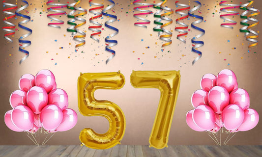 Number 57 Gold Foil Balloon and 25 Nos Pink Color Latex Balloon Combo