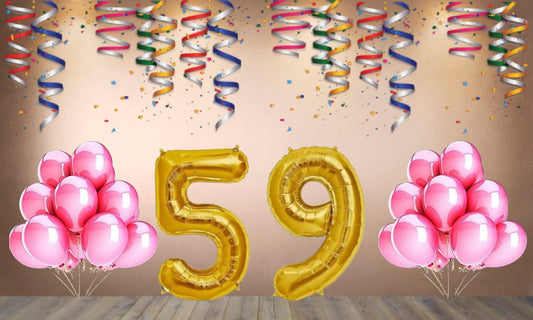 Number 59 Gold Foil Balloon and 25 Nos Pink Color Latex Balloon Combo