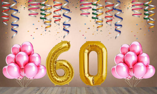 Number 60 Gold Foil Balloon and 25 Nos Pink Color Latex Balloon Combo