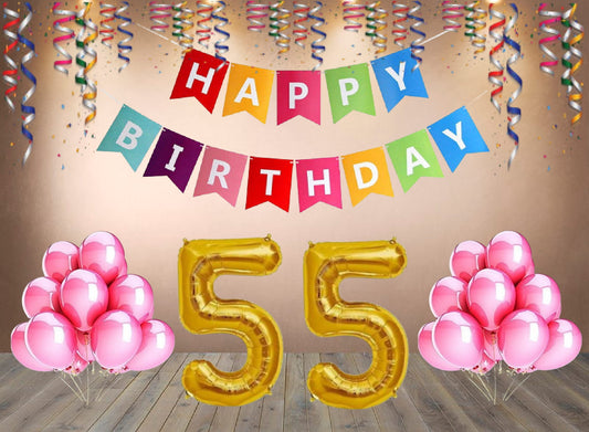 Number 55  Gold Foil Balloon and 25 Nos Pink Color Latex Balloon and Happy Birthday Banner Combo