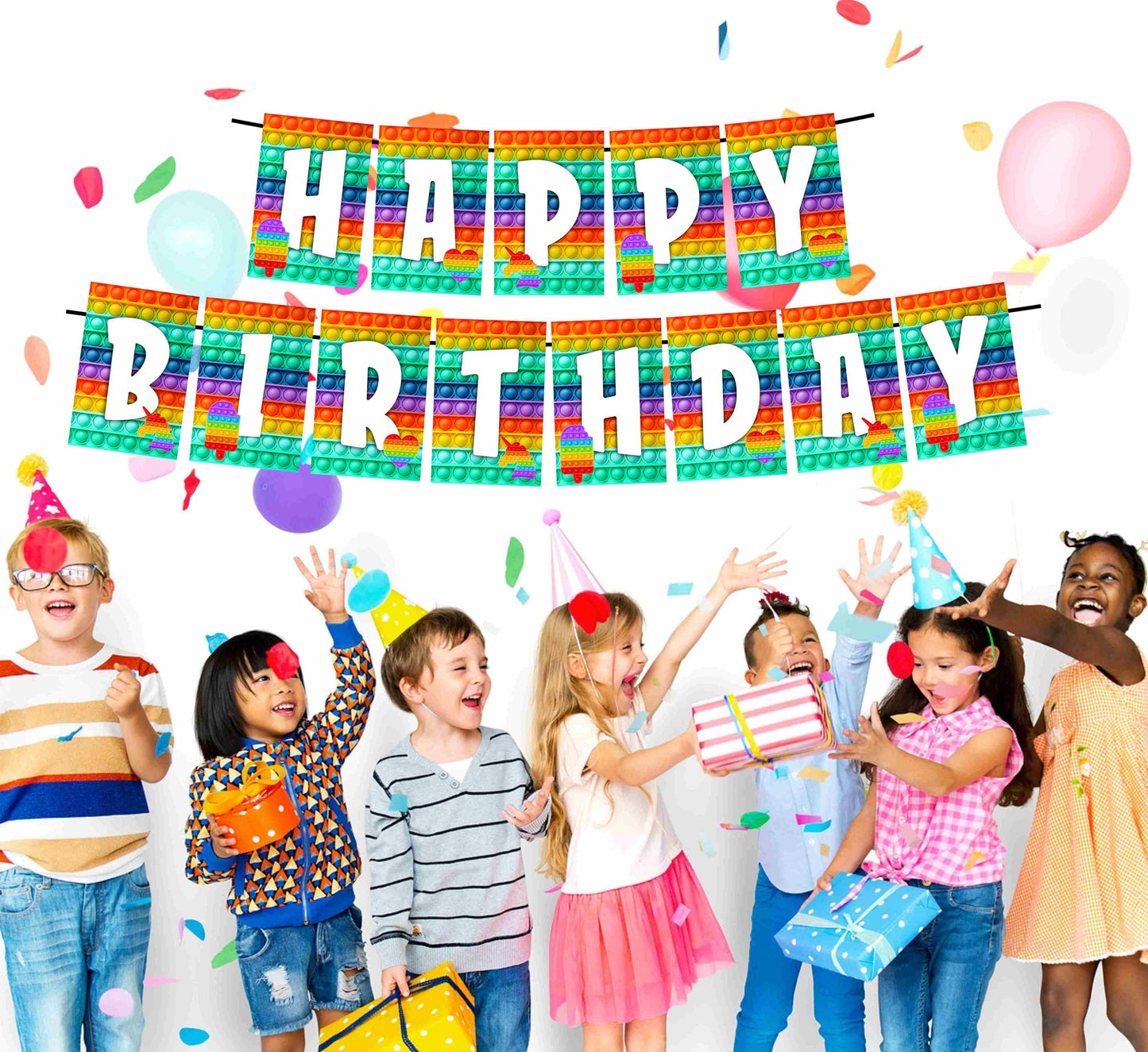 Pop It Theme Happy Birthday Banner for Photo Shoot Backdrop and Theme Party