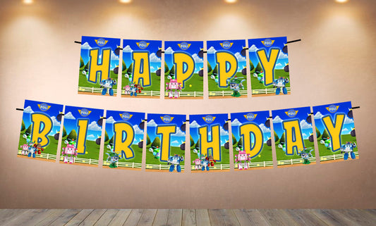 Robo Poli Theme Happy Birthday Banner for Photo Shoot Backdrop and Theme Party