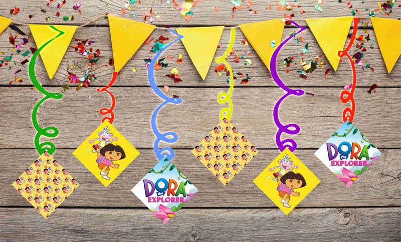 Dora Ceiling Hanging Swirls Decorations Cutout Festive Party Supplies (Pack of 6 swirls and cutout)