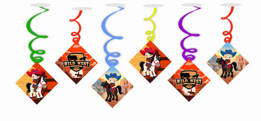 Cow Boy Wildwest Ceiling Hanging Swirls Decorations Cutout Festive Party Supplies (Pack of 6 swirls and cutout)