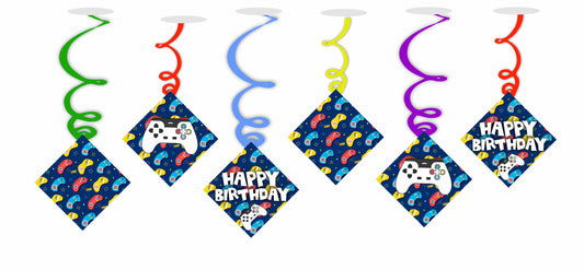 Video Game Ceiling Hanging Swirls Decorations Cutout Festive Party Supplies (Pack of 6 swirls and cutout)
