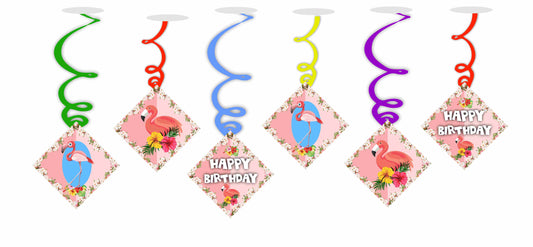 Flamingo Ceiling Hanging Swirls Decorations Cutout Festive Party Supplies (Pack of 6 swirls and cutout)