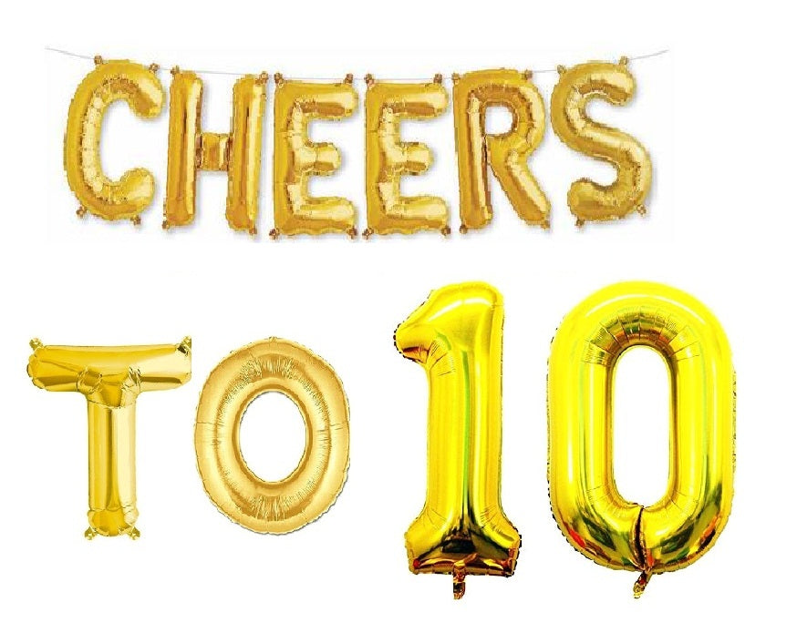 Cheers to 10 Birthday Foil Balloon Combo Party Decoration for Anniversary Celebration 16 Inches