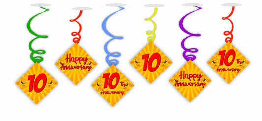 10th Anniversary Ceiling Hanging Swirls Decorations Cutout Festive Party Supplies (Pack of 6 swirls and cutout)
