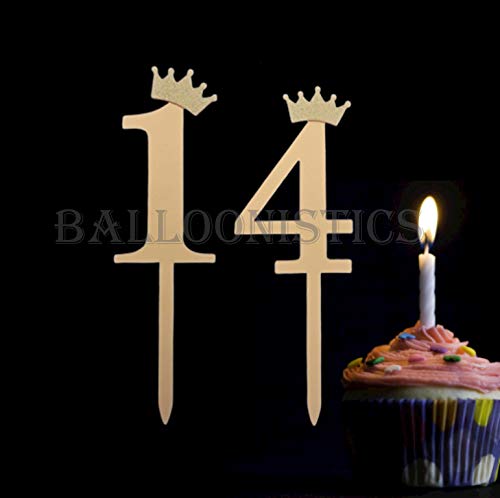 Number 14 Golden Acrylic Shiny Cake Topper | for Wedding Anniversary Bridal Shower Bachelorette Party or Theme Parties | Birthday Cake Supplies Decorations