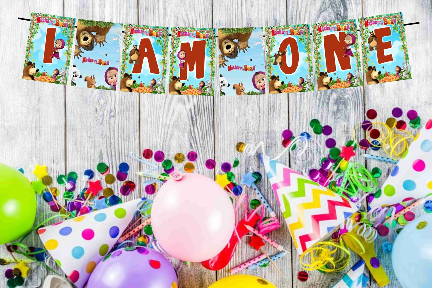 Masha Bear Theme I Am One 1st Birthday Banner for Photo Shoot Backdrop and Theme Party