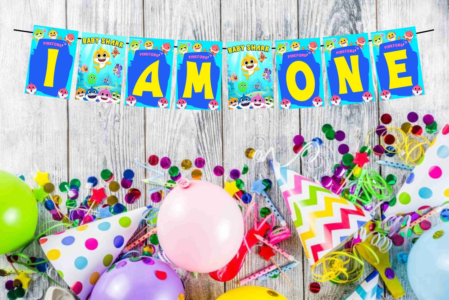 Baby Shark Theme I Am One 1st Birthday Banner for Photo Shoot Backdrop and Theme Party