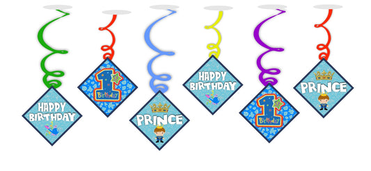 Boys 1st Birthday Ceiling Hanging Swirls Decorations Cutout Festive Party Supplies (Pack of 6 swirls and cutout)