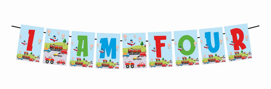 Transport Theme I Am Four 4th Birthday Banner for Photo Shoot Backdrop and Theme Party