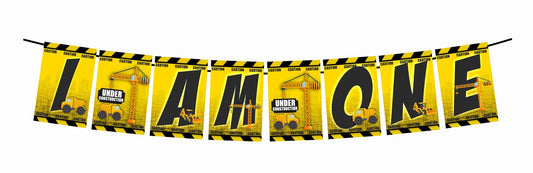 Construction Theme I Am One 1st Birthday Banner for Photo Shoot Backdrop and Theme Party