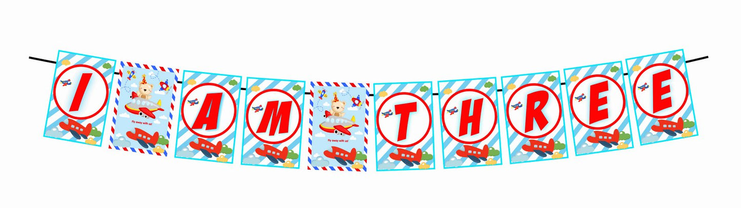 Aeroplane Theme I Am Three 3rd Birthday Banner for Photo Shoot Backdrop and Theme Party