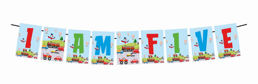 Transport Theme I Am Five 5th Birthday Banner for Photo Shoot Backdrop and Theme Party
