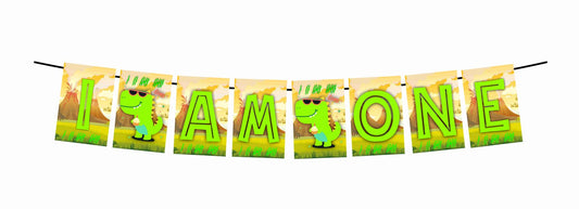 Dinosaur Theme I Am One 1st Birthday Banner for Photo Shoot Backdrop and Theme Party