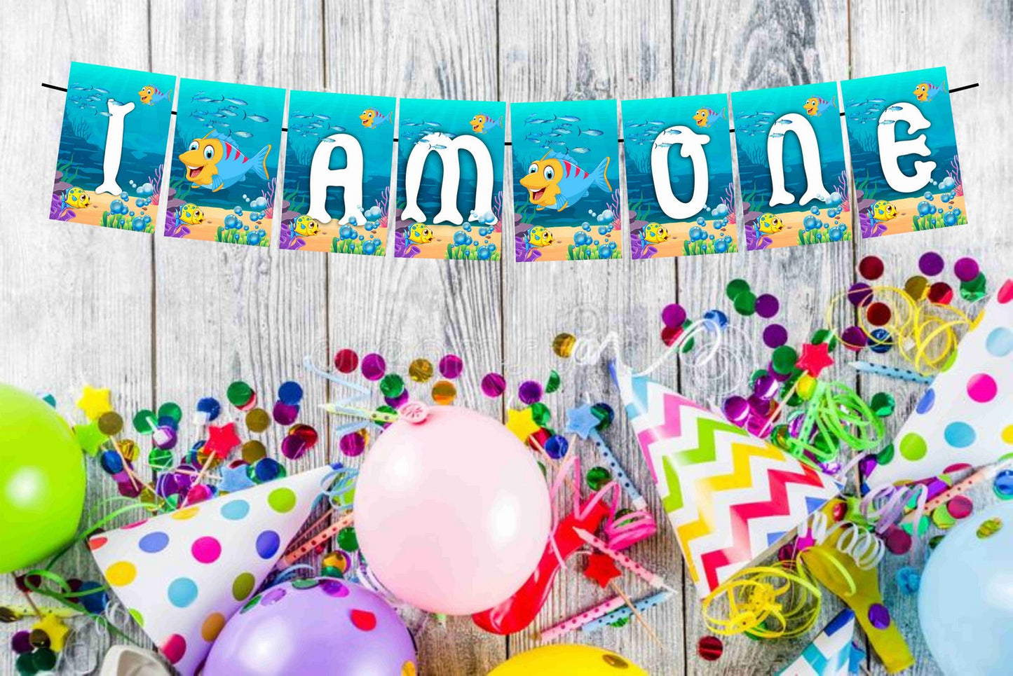 Ocean Underwater I Am One 1st Birthday Banner for Photo Shoot Backdrop and Theme Party