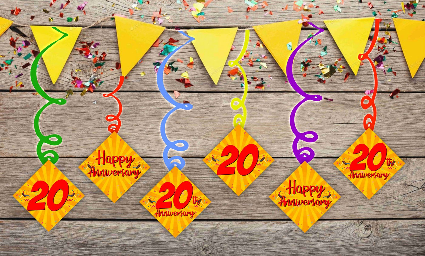 20th Anniversary Ceiling Hanging Swirls Decorations Cutout Festive Party Supplies (Pack of 6 swirls and cutout)