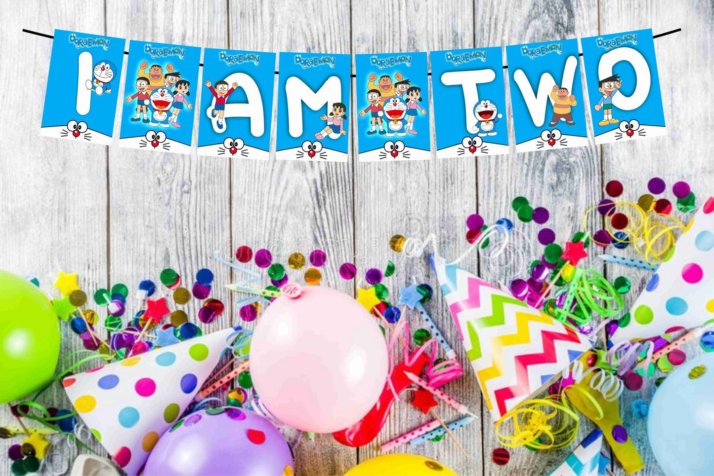 Doremon Theme I Am Two 2nd Birthday Banner for Photo Shoot Backdrop and Theme Party