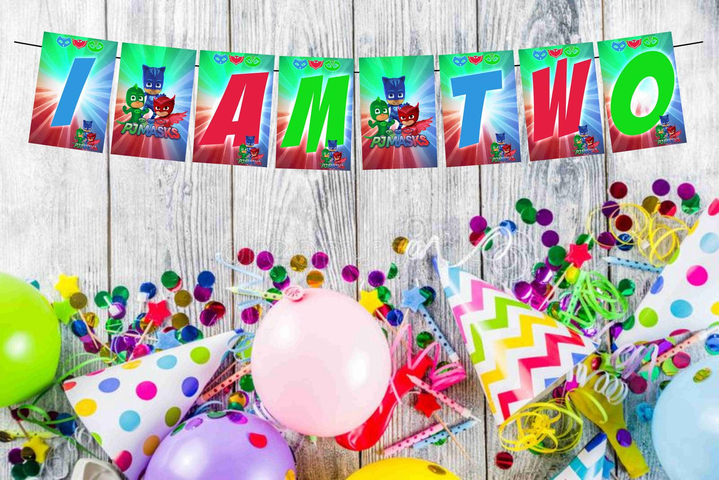 PJ Mask Theme I Am Two 2nd Birthday Banner for Photo Shoot Backdrop and Theme Party