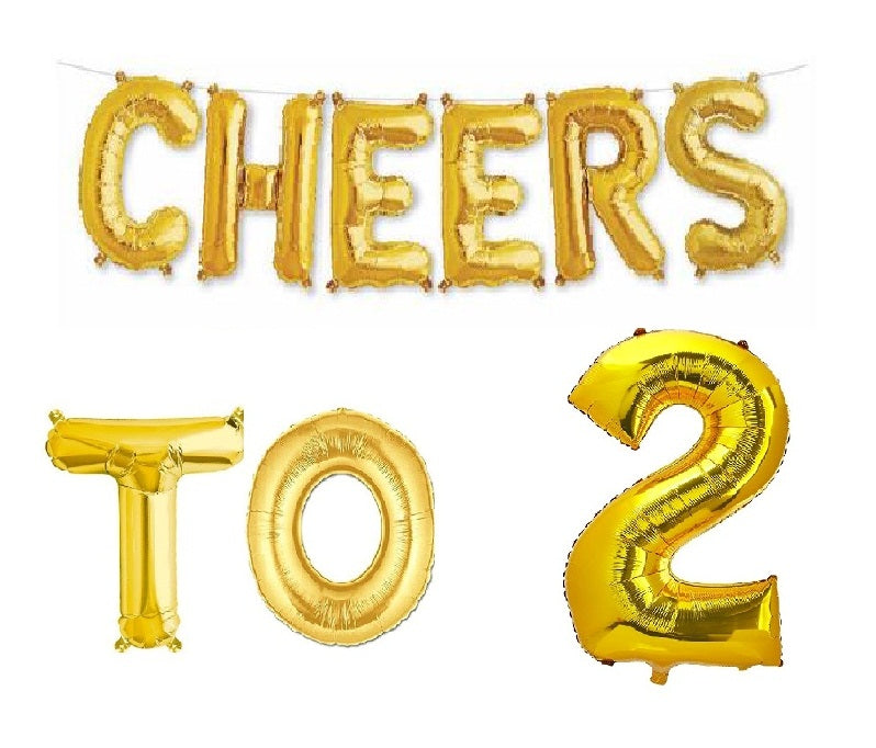 Cheers to 2 Birthday Foil Balloon Combo Party Decoration for Anniversary Celebration 16 Inches