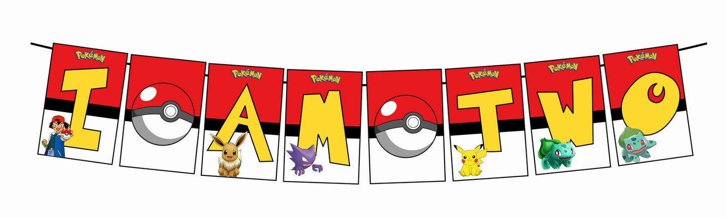 Pokemon I Am Two 2nd Birthday Banner for Photo Shoot Backdrop and Theme Party