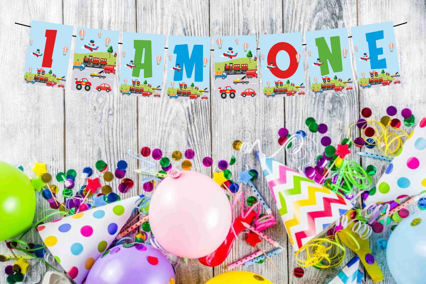 Transport Theme I Am One 1st Birthday Banner for Photo Shoot Backdrop and Theme Party