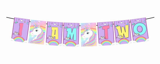 Unicorn Theme I Am Two 2nd Birthday Banner for Photo Shoot Backdrop and Theme Party